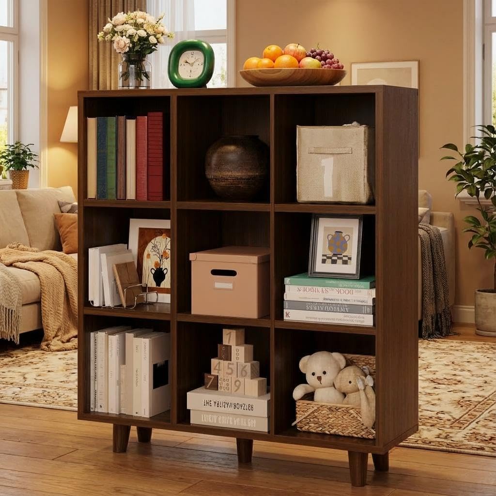 Jojoka 9 Cube Bookcase, 3-Tier Open Bookshelf with Wood Finish, Modern Storage Organizer for Home Office Living Room Bedroom