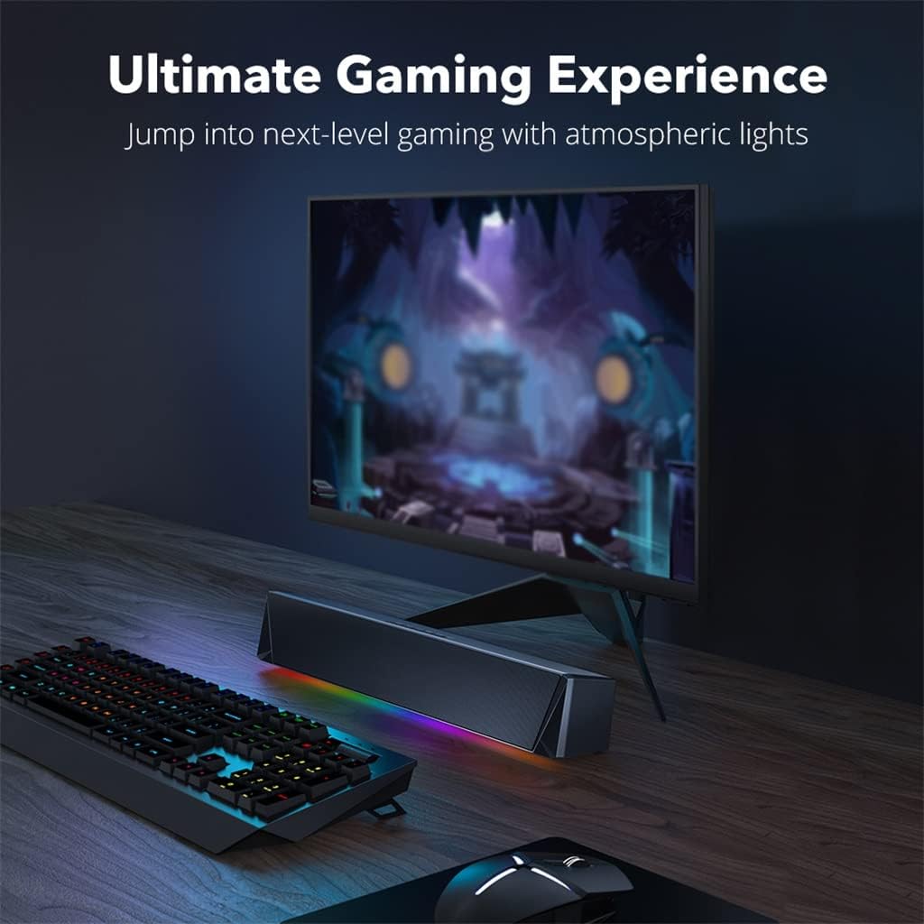 Sound Bar Gaming Speaker &Wired 14W Powerful Drivers Subwoofer RGB Light Soundbars for PC Phone