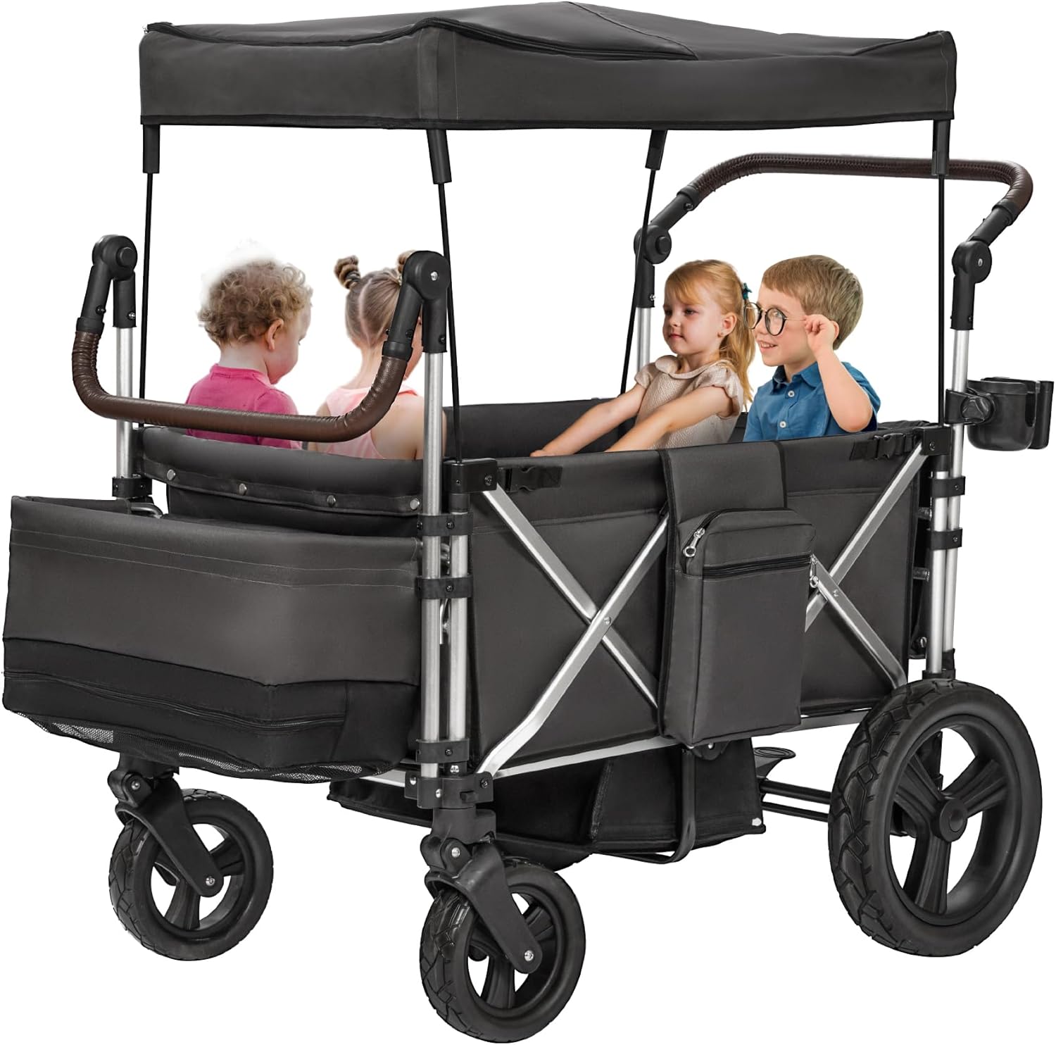 Stroller Wagon 4 Seater, Folding Push Wagon for 4 Kids, Collapsible with 5-Point Safety Belt and Canopy, Adjustable Handle, All-Terrain Mobility
