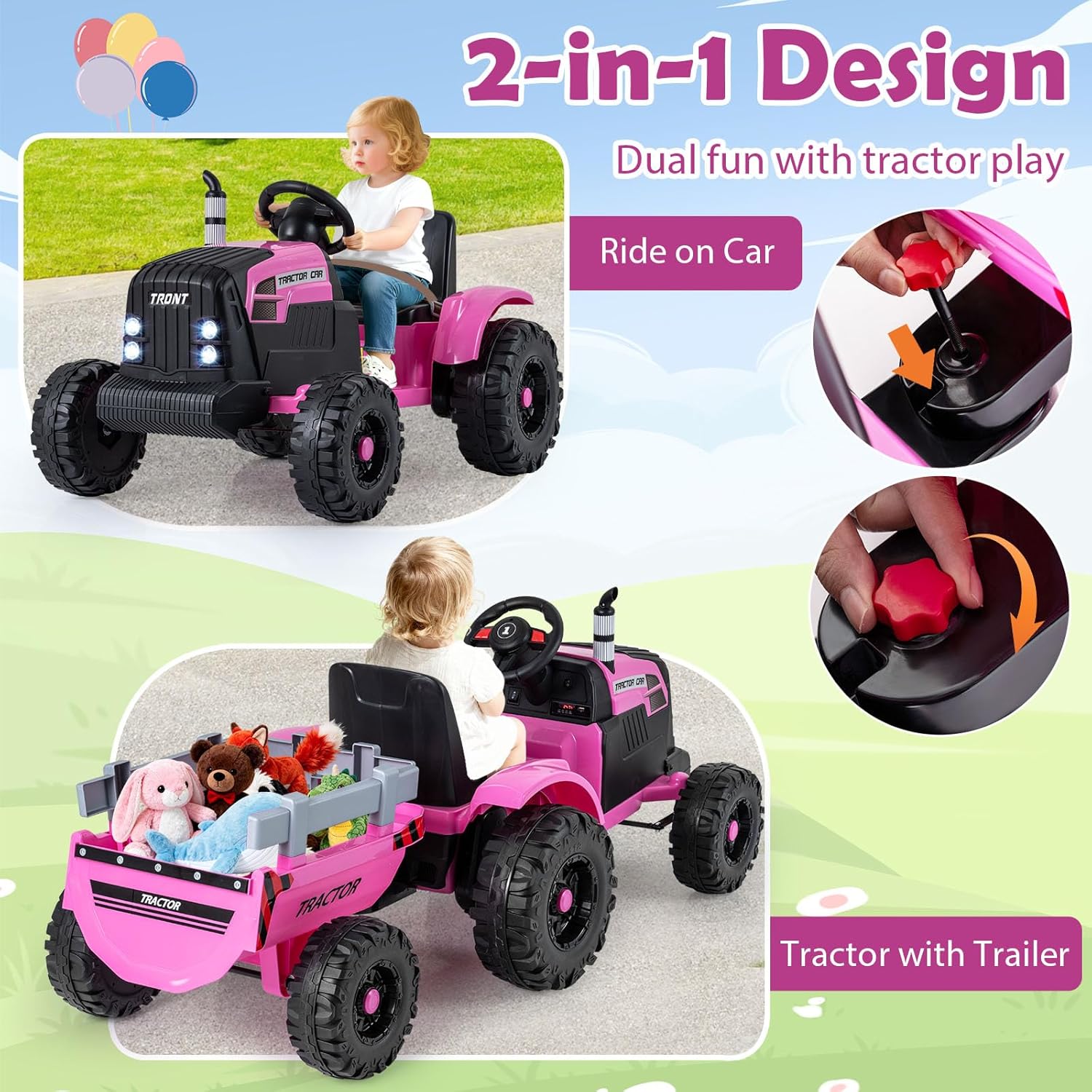 GLACER 24V Ride On Tractor, Kids Battery Powered Vehicles with Detachable Trailer, Dual Motors, Remote Control, Soft Start & Wireless, Ride On Car for Kids 3-8 Years, Grassland, Backyard (Pink)