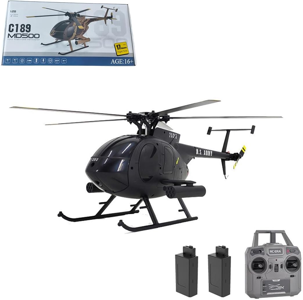 MD500 RC Helicopter, 1/28 Scale, 4CH Single-Rotor, 6-Axis Gyro, Brushless Motor, 2.4GHz RC Aircraft for Adults (Black, 2 Batteries)