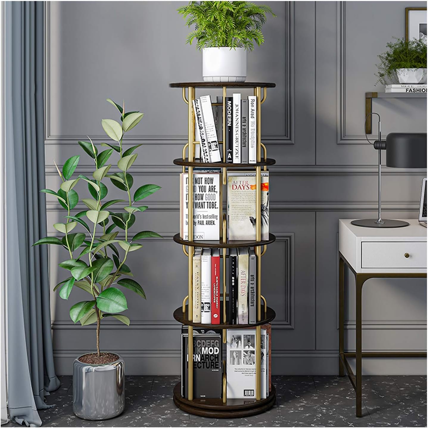 KIZQYN Bookcase Creative Revolving Bookcase Wood Partitions and Golden Metal Tubes Book Shelf Simple Floor-to-Ceiling Round Bookcase，Save Space Bookshelf (Color : Black Walnut, Size : 4-Shelf)