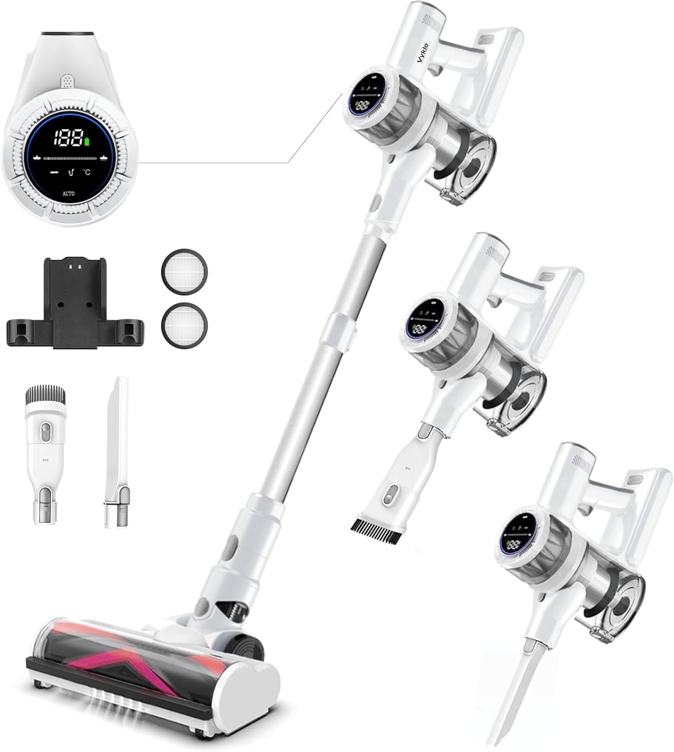 VYKLO Cordless Vacuum Cleaner, 600W 55Kpa 70Mins Stick Vacuum Cleaners for Home, AUTO Dust Detection/LED Touch Display, Rechargeable Wall Mount, Wireless Handheld Vacuum for Pet Hair/Carpet/Hard Floor