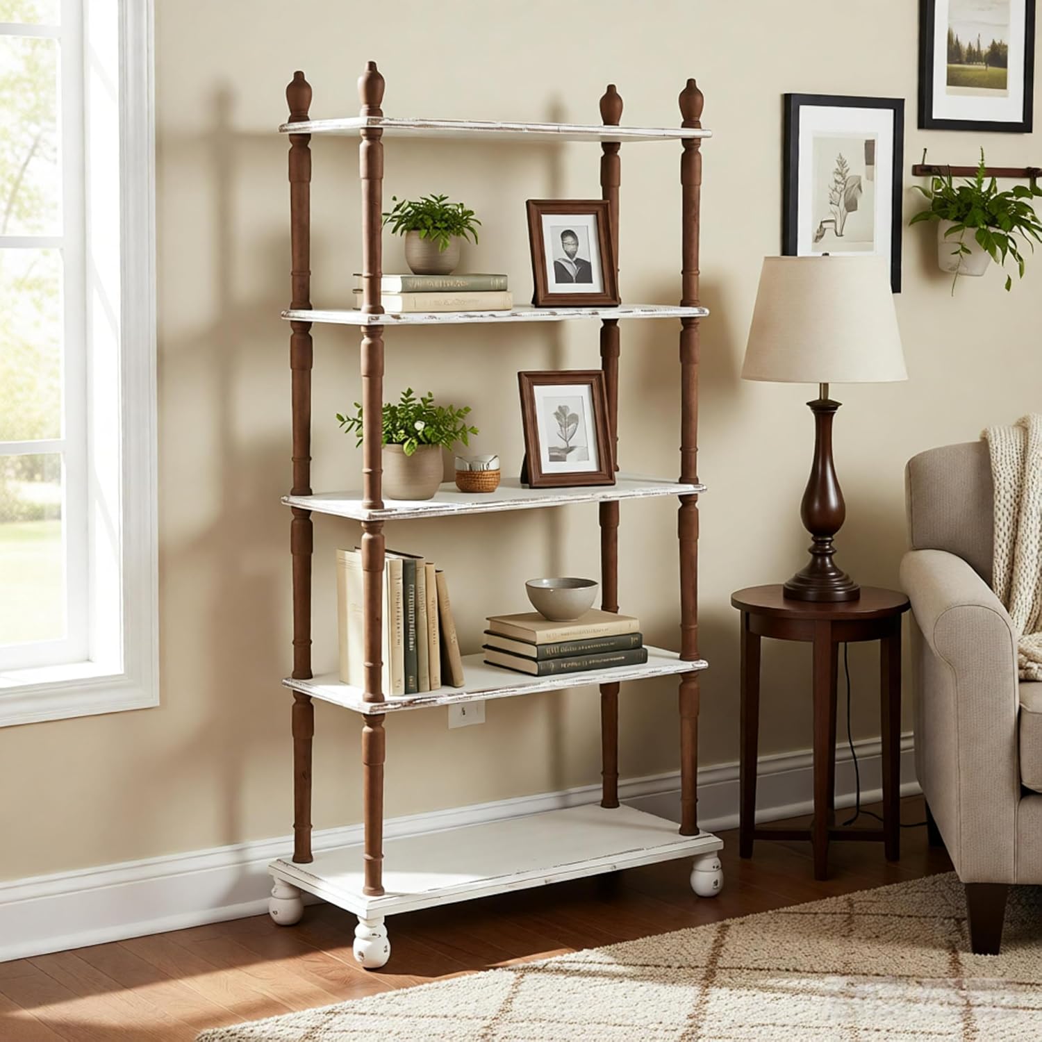 SOFE Farmhouse Bookcase Shelf Wood Book Shelf 74 Inch Tall, 5 Tier Distressed White Shelving Units and Storage, Free Standing Shelves for Storage, Living Room, Study Room, Kitchen