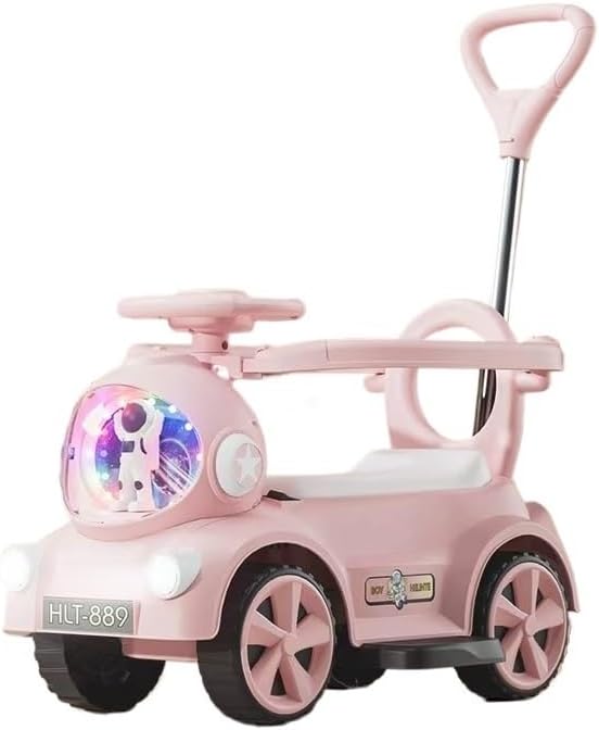 Kids Electric Motor Car with Headlights Push Handle Backrest 3 Modes: Push, Drive Or Scooter(Pink)