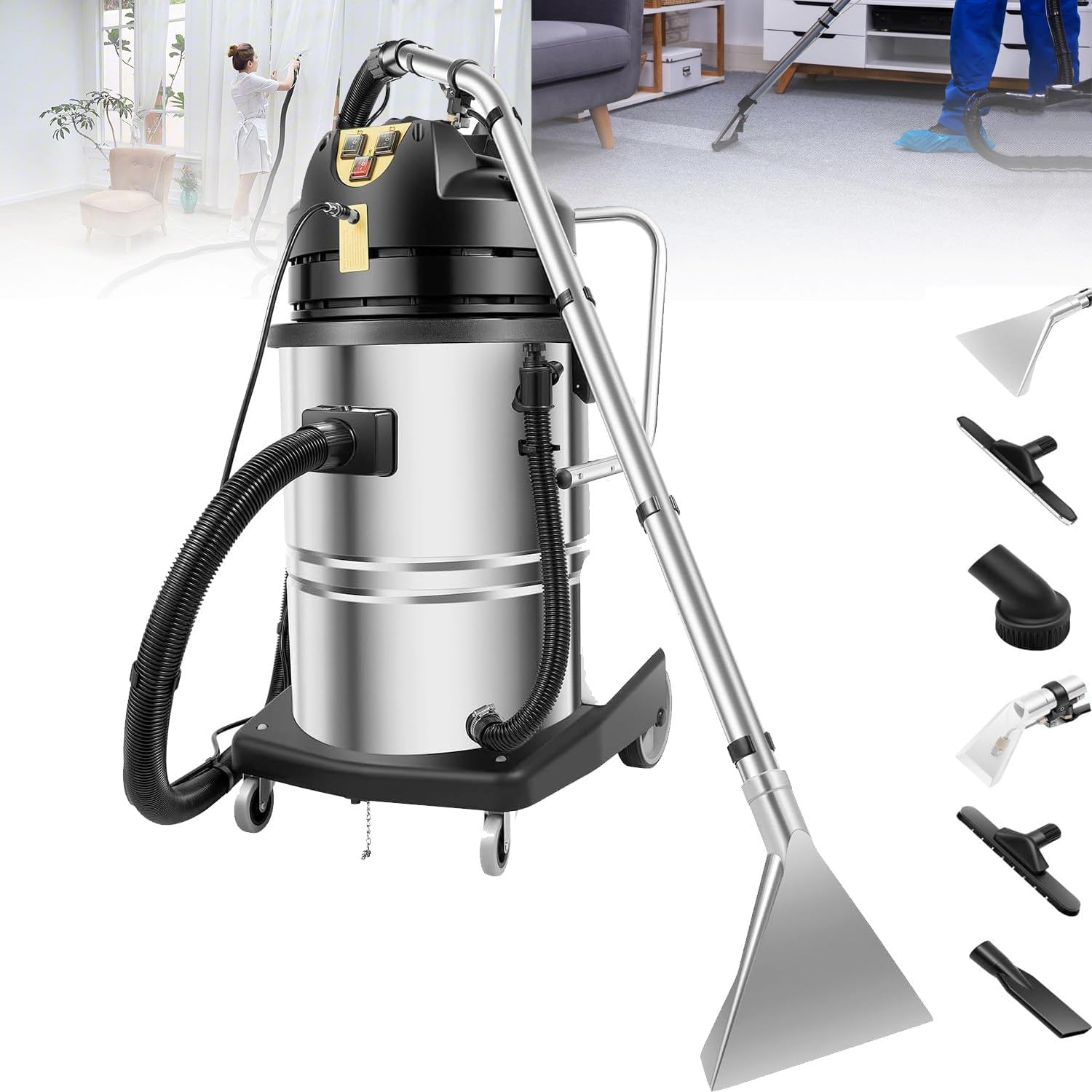 Ruiseawing Commercial Carpet Cleaning Machine Vacuum Cleaner Extractor, Sofas Curtains Carpet Shampooer Machine Portable Carpet Cleaner, Floor Scrubber Machine Dust Extractor 60L