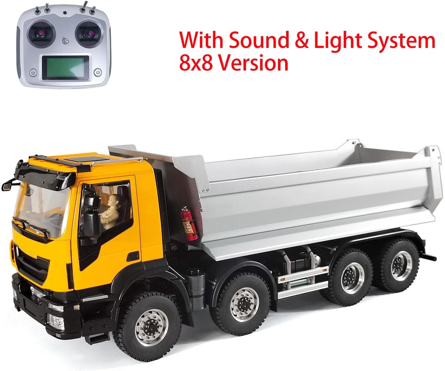 1/14 Metal Hydraulic RC Dump Truck 8X8 Radio Control Tipper Car 2-Speed Gearbox Hobby Grade Model(Yellow, Yellow Bucket)