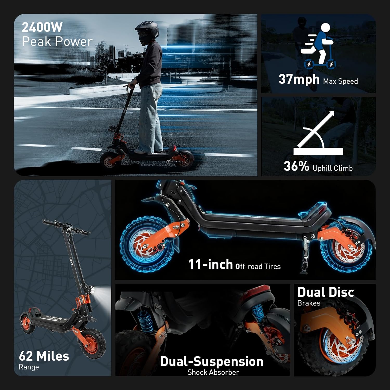 Hiboy DM Series Off-Road Electric Scooter, 1200W–2400W Motors, Up to 44–62 Miles Range, 31–37 MPH, 11