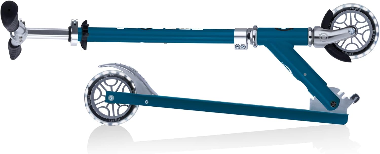 GLOBBER Flow Element Lights 125mm ABEC 9 Adjustable Height Folding Scooter LED Light Wheels Petrol