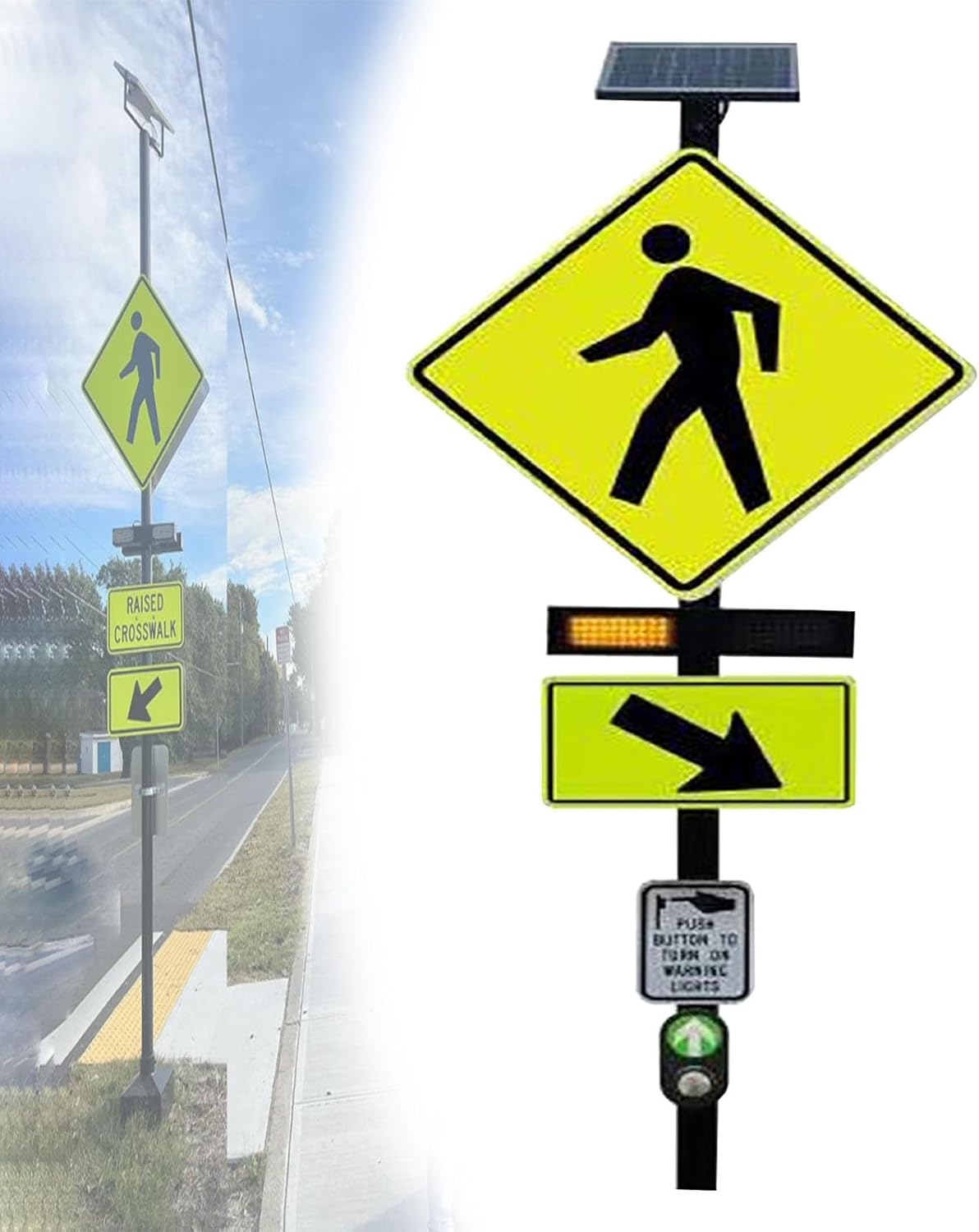 Flashing Pedestrian Crossing Sign, Aluminum Road Traffic Street Warning Sign, Engineer Grade Reflective Film, Solar Powered for Road Safety,Bright Blinking Alert for Drivers(Medium)