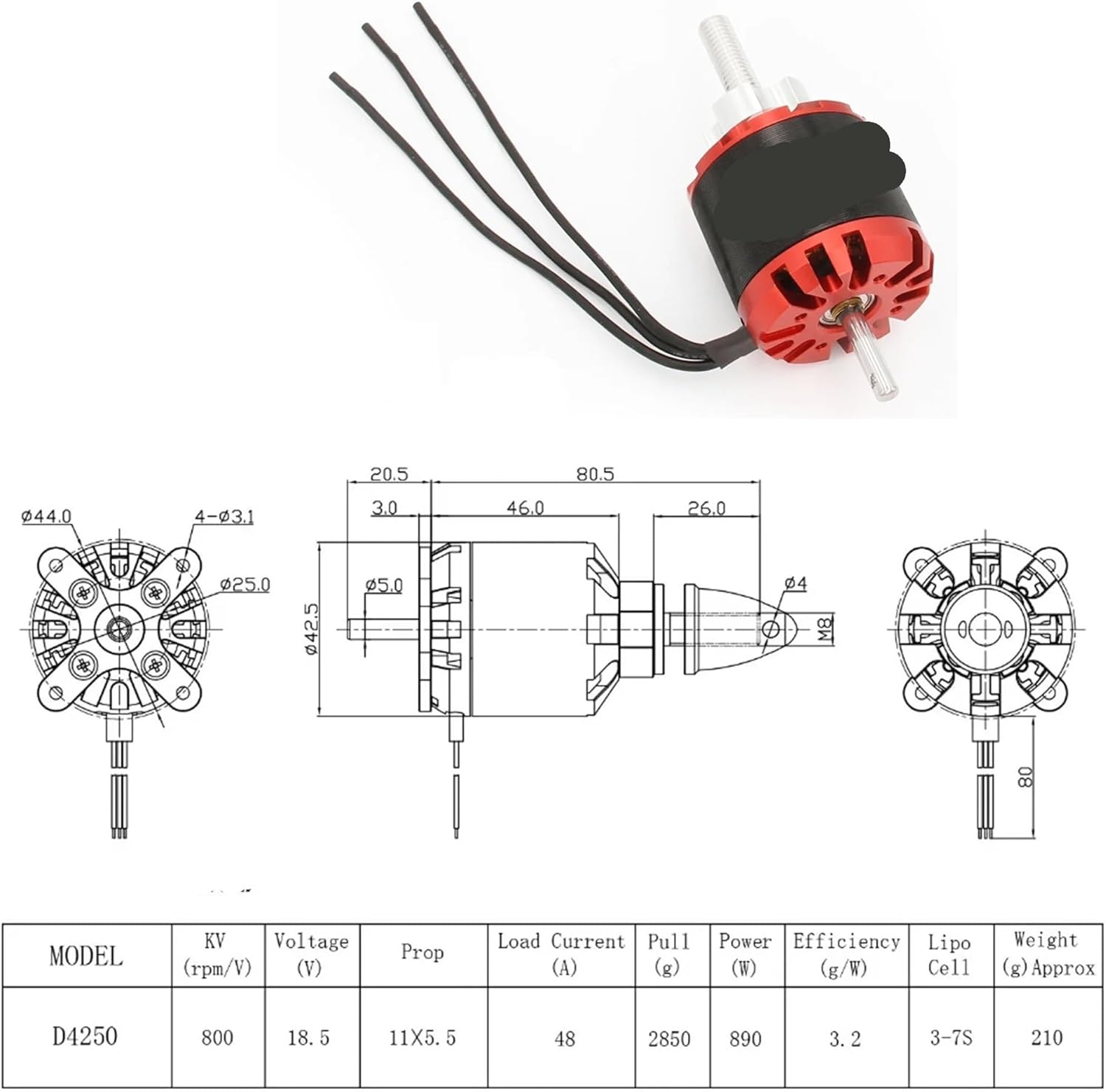 4250 800KV 600KV Outer Rotor Brushless Motor 3-7S(600KV)