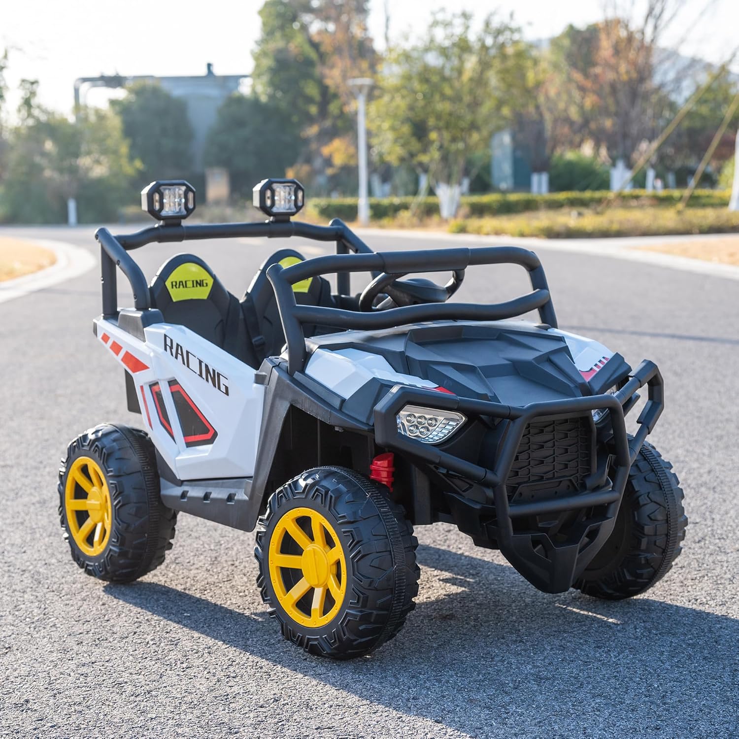 Real 2 Seater 24V Ride On Car Truck, Electric Power Vehicle for Kids with Parent Remote, Spring Suspension, MP3/USB Player, High/Low Speed, LED Lights, Big Wheels UTV for Toddlers, White