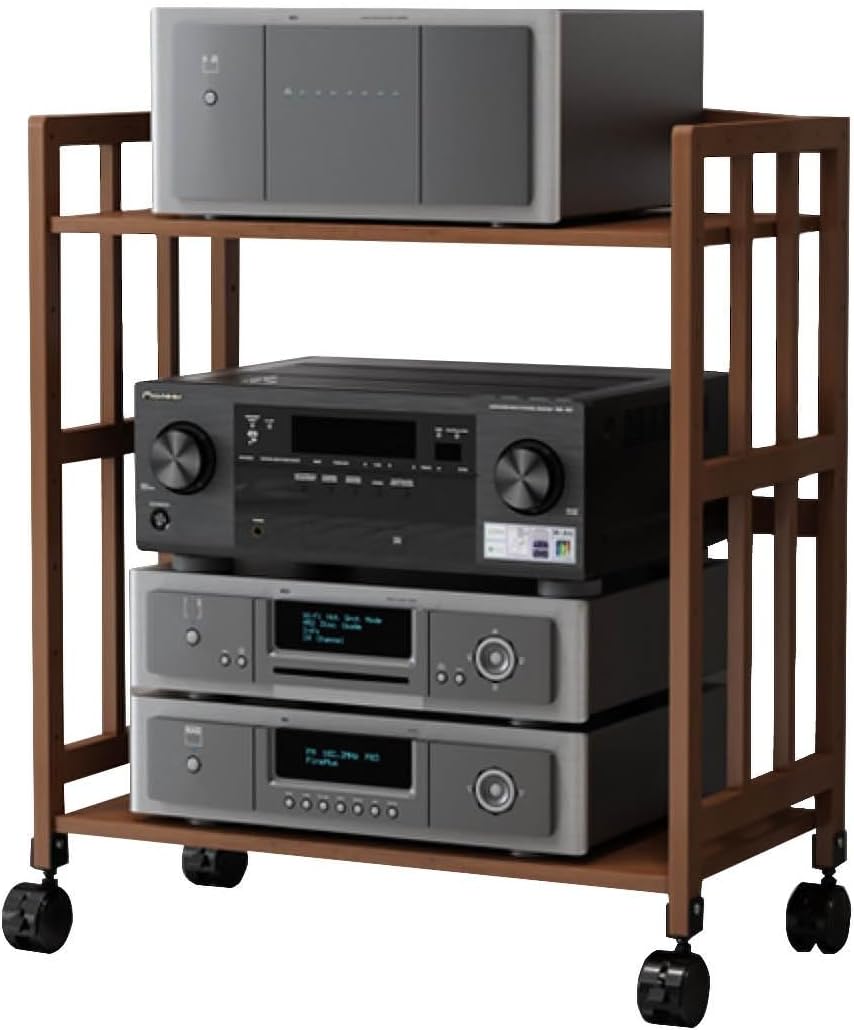 Mobile Two-Tier Av Equipment Rack Raised Speaker Stand Bamboo Home Theater Portable Storage Rack(38x55x77cm)
