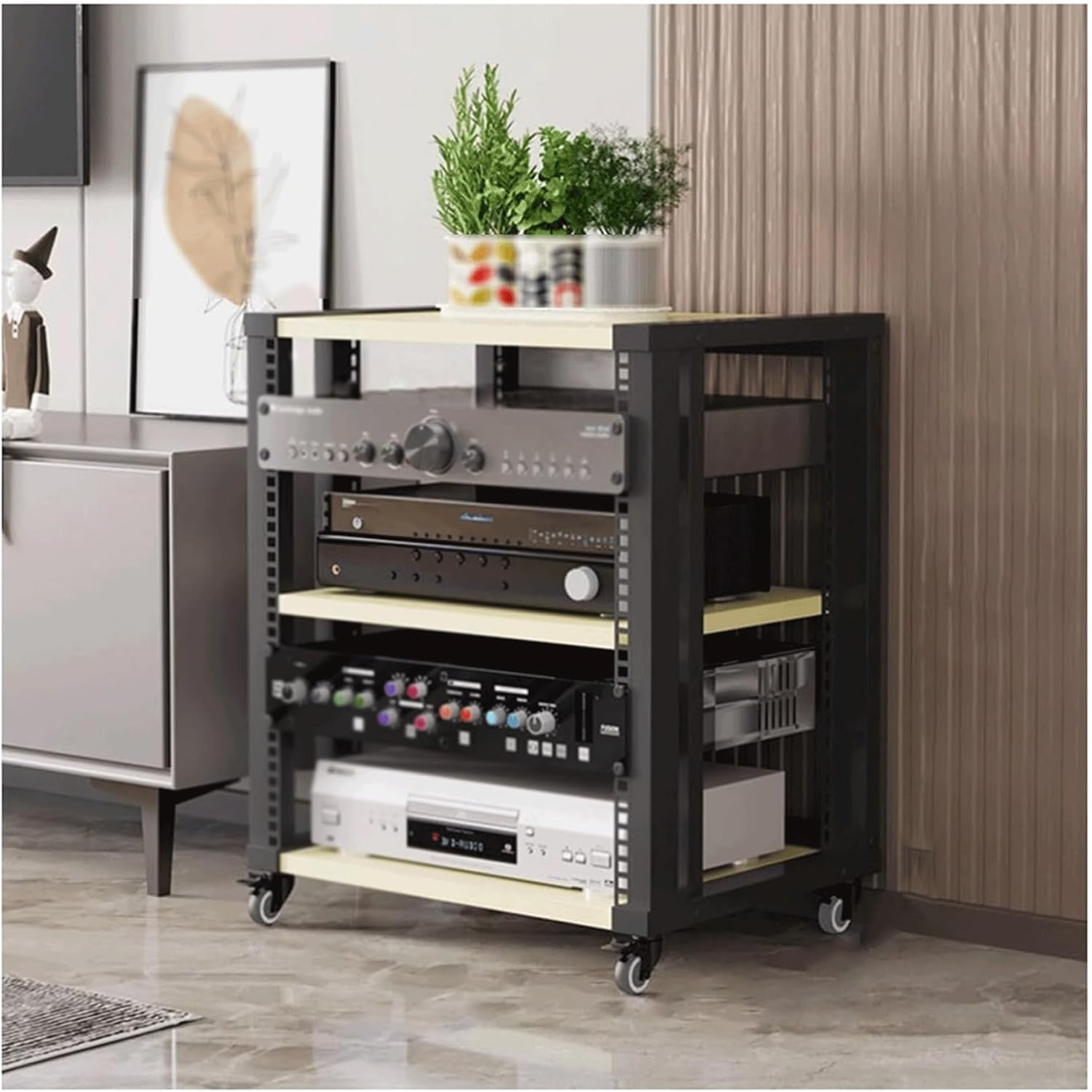 PZEOB Audio Rack Cabinet Wooden Audio Tower Rack Open Media Stand with Adjustable Shelves Audio-Video Shelving Unique Stereo Stands(Natural