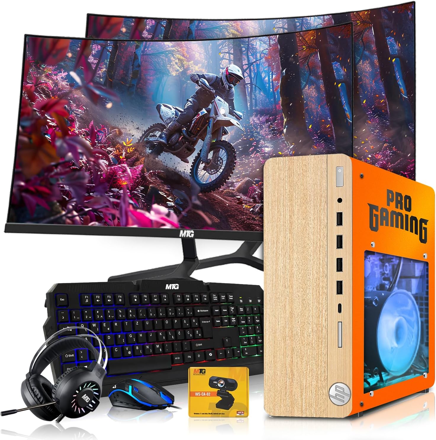 HP Full Light Gaming PC Desktop Computer Phoenix AMD A10-9700, GT 1030, 16GB RAM, 1TB SSD, Dual 27 Inch Curved Monitor, RGB KBM with AI Copilot, WiFi, RGB Headphone, Webcam, Windows 11 (Renewed)