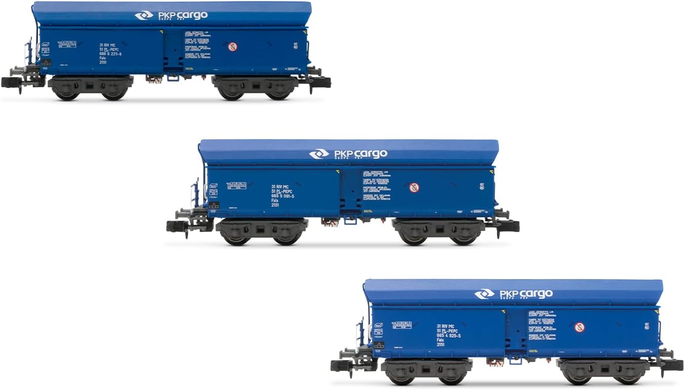 Arnold HN6565 Pkp Cargo, 3-Unit Falls Self-Discharge Wagons, Blue Painting, Epvi Freight Wagons