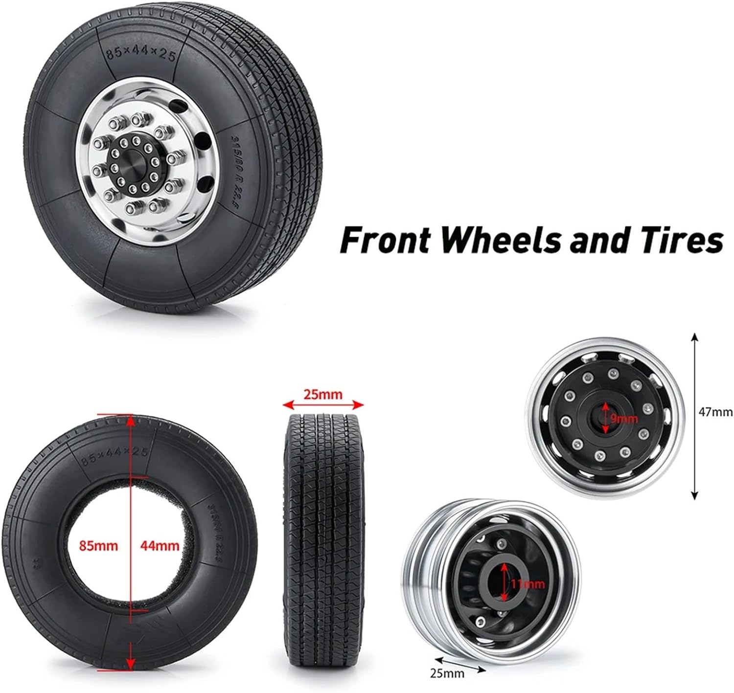 For Tamiya 6x6 1/14 6Pcs Metal Front Rear Wheel Rims And Rubber Tyre RC Truck Tractor Car Complete Set Models