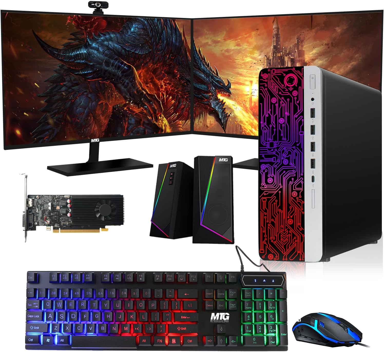 TechMagnet HP G3 Gaming Desktop PC, Intel Core i5 4th Gen, GT 1030 Graphics, 16GB RAM, 1TB SSD | 128GB SSD, MTG New 27 Inch Dual Monitor, RGB Keyboard Mouse, Speaker, Webcam, Windows 11 Pro (Renewed)