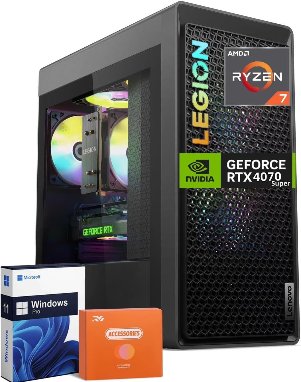 Lenovo Legion T5 Gen 8 Gaming Tower Desktop PC, AMD Ryzen 7 7700(Up to 5.3GHz), NVIDIA RTX 4070 Super 12GB GDDR6X, 64 GB DDR5, 4 TB SSD, WiFi 6E, Bluetooth 5.3, Windows 11 Pro, w/RH-Accessories