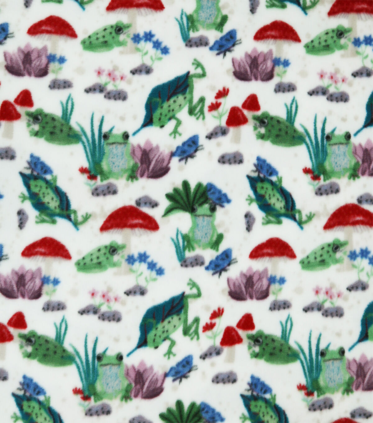 Frogs & Mushrooms on White Anti Pill Fleece Fabric