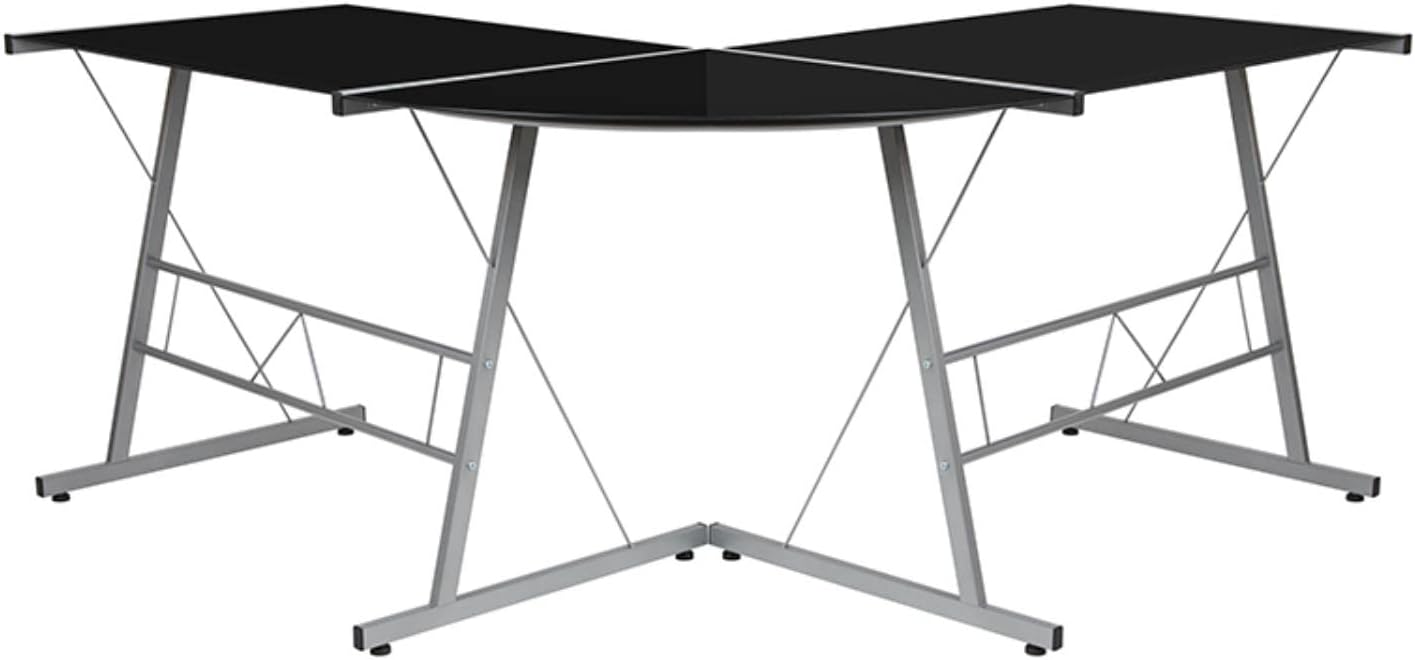 Flash Furniture Black Glass L-Shape Corner Computer Desk with Silver Metal Frame