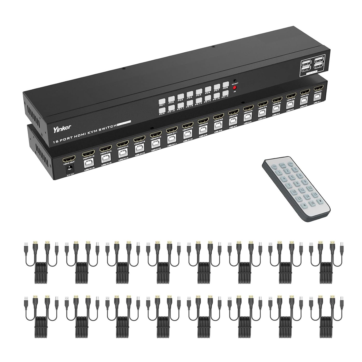 16 Port KVM Switch HDMI, 4K@30Hz HDMI Rack Mount KVM Switch w/ 16 Pcs KVM Cables, Support 4 USB 2.0 Devices & HDCP 2.2 & Remote Control for 16 Computers/Servers