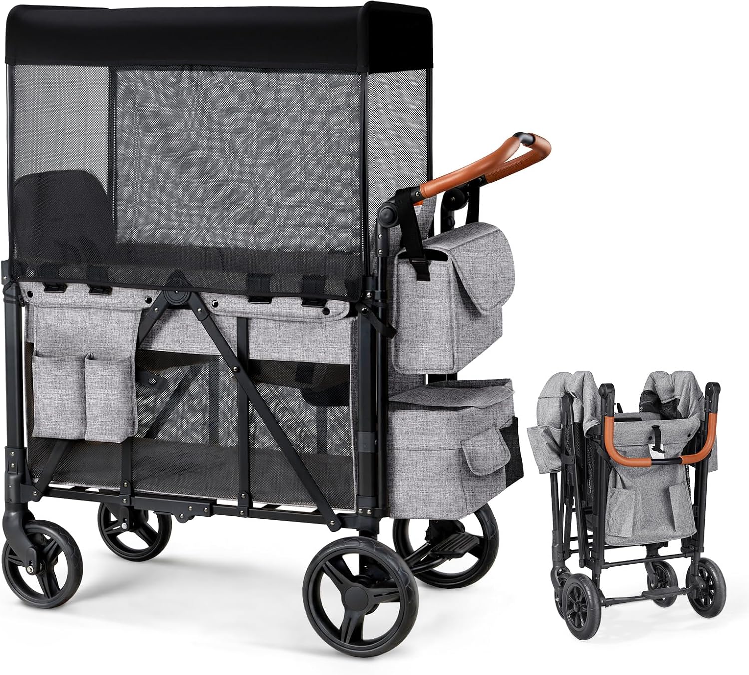 Wagon Stroller for 2 Kids, Foldable Wagon for Kids and Infants, All Terrian Wheels with Shock-Absorbing, 5 Point Harness, Removabel Canopy and Ample Storage Bag Included (Gray)