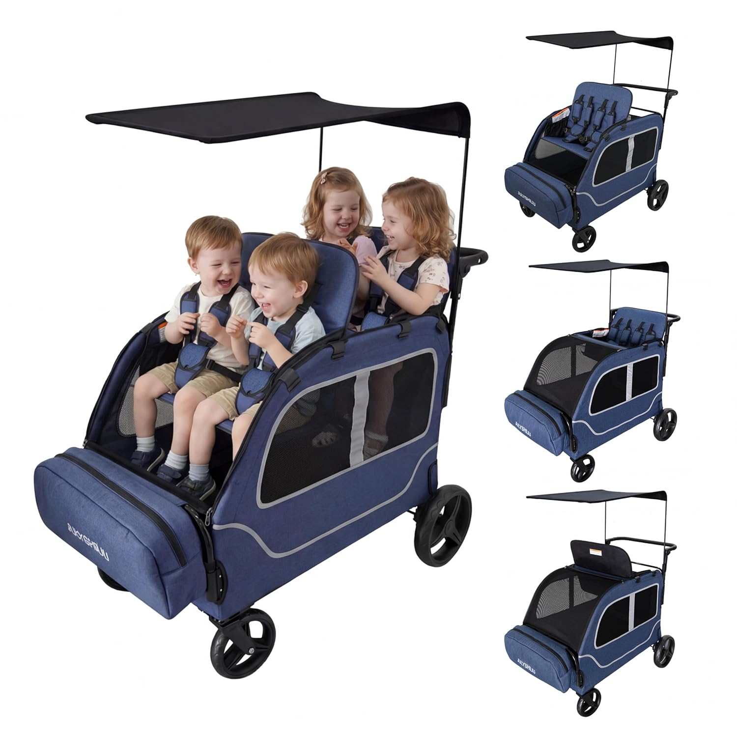 Car-Shaped Large 4 Seater Stroller Wagon for 2 3 Kids Toddler Child Foldable All-Terrain Triple Quad Wagon with Removable Canopy, 5-Point Harness, Storage Bag Shopping Outdoor (Deep Blue)
