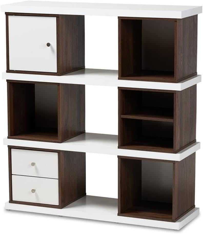 BOWERY HILL Modern Two-Tone White and Walnut Finished 2-Drawer Bookcase