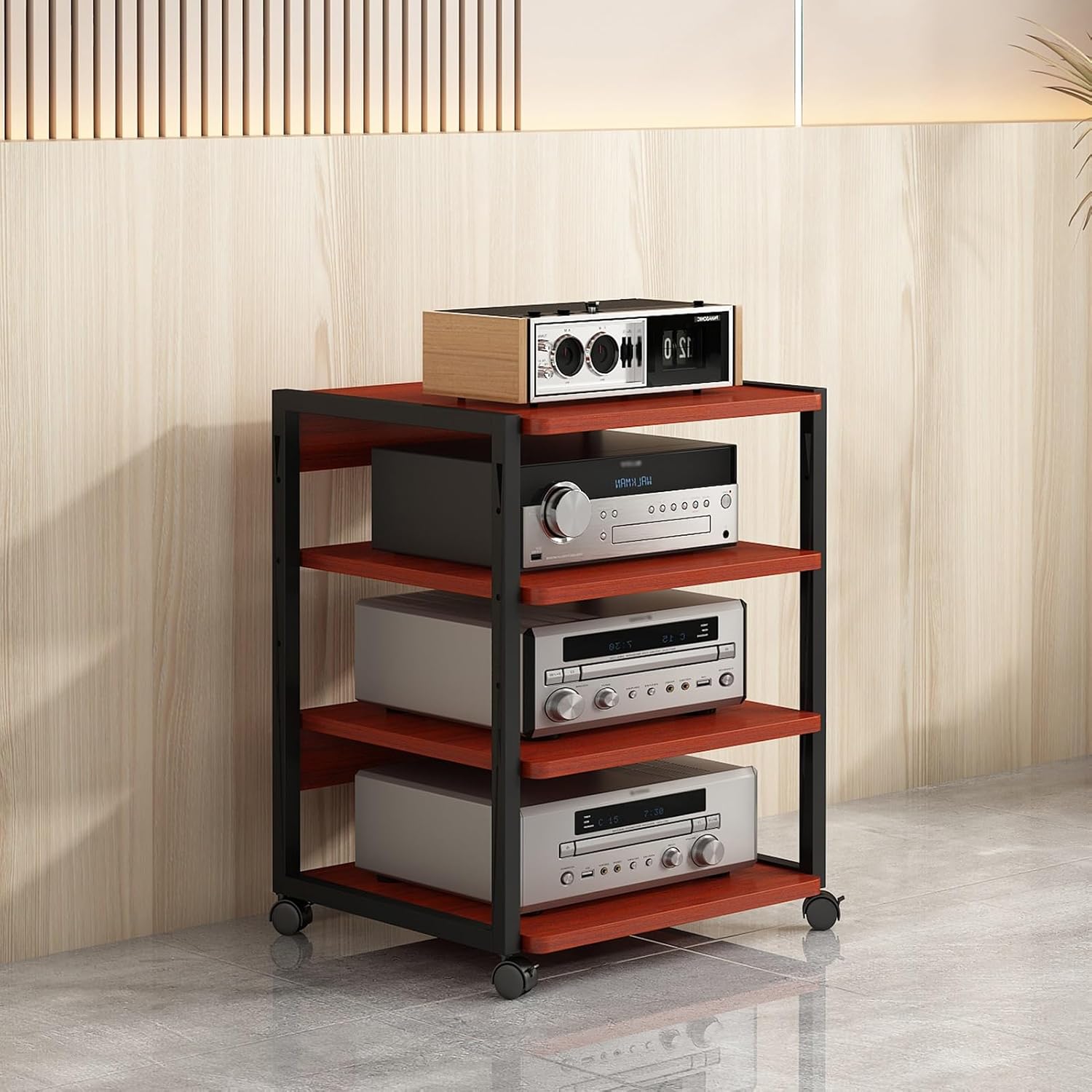 KOMFGT Modern 4-Tier Stereo Stand Cabinet - Av Media Console with Wooden Shelves Corner Entertainment Center for Audio Video Cd Rack Space-Saving 50X40X69.5Cm