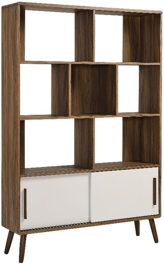 Modway Transmit 8 Shelf Bookcase with Sliding Doors in Walnut Linen - 45 Inch Wood Mid-Century Modern Bookshelf - 4 Tier Tall Open Display Storage Cabinet for Living Room, Office, Hallway