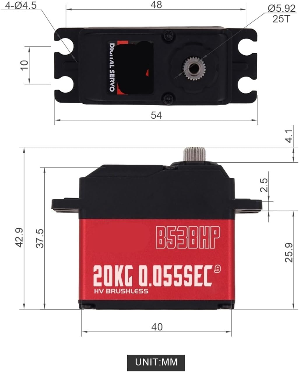 Brushless RC Servo B53BHP V2 HV 20KG Upgraded Steel Gear Programmable Digital Standard Servo Suitable for 1/10(B53BHP V2 20kg Set1)