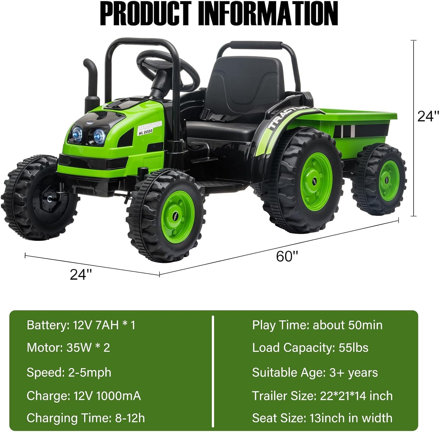 Kids Ride On Tractor with Trailer, 12V Battery Powered Electric Tractor with Remote Control, Music, USB, Led Lights, Audio, Safety Belt, 35W Dual Motors, Unload Button, Green