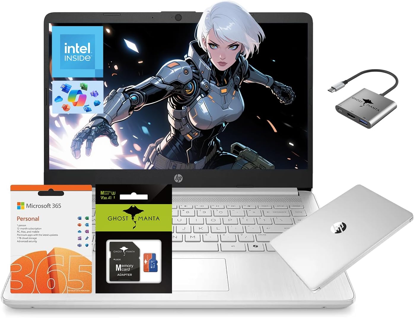 HP 14 Laptop, Quad-Core (Beat i3) 16GB RAM 256GB Storage(128GB UFS + 128GB SD Card) 1-Year Office 365 Copilot AI Computer for Student Study Back to School Win11 w/GM Accessory