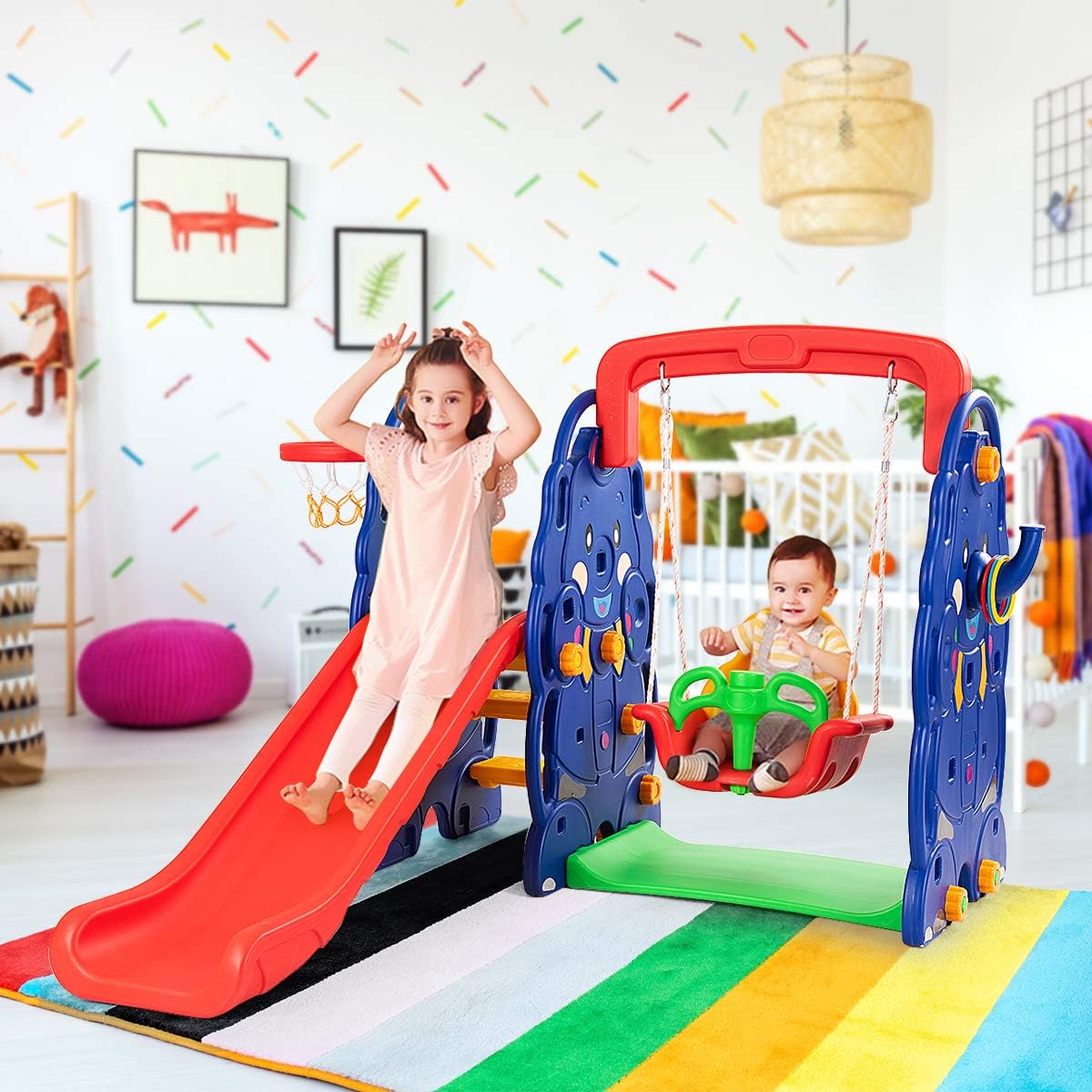 Costzon Toddler Long Slide Set, 4-in-1 Large Climber Playset w/Basketball Hoop, Toss, Thickened Panel, Playground Swing for Indoor Outdoor Backyard 3-10 Gifts Presents