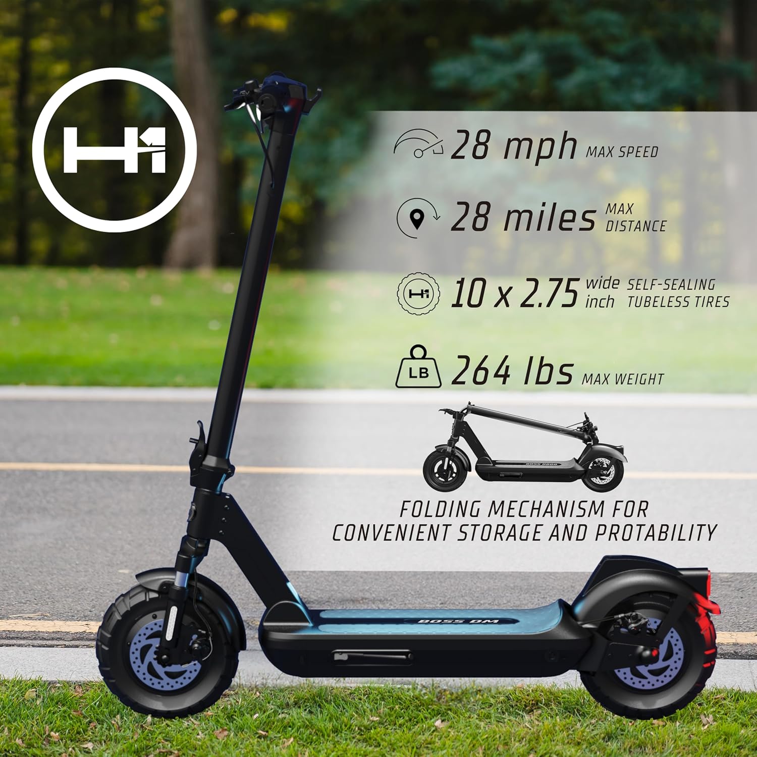 H-1 Pro Series Boss R800 Foldable Electric Scooter with 800W Motor, 24 mph Max Speed, 10” Self-Sealing Tubeless Tires, and 28 Mile Range