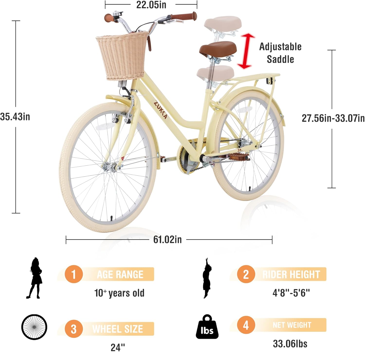 ZUKKA 24 Inch Girls Bike Single Speed Cruiser Bike with Woven Basket Front V Brake and Rear Coaster Brake for Over 10 Years Olds,Multiple Colors