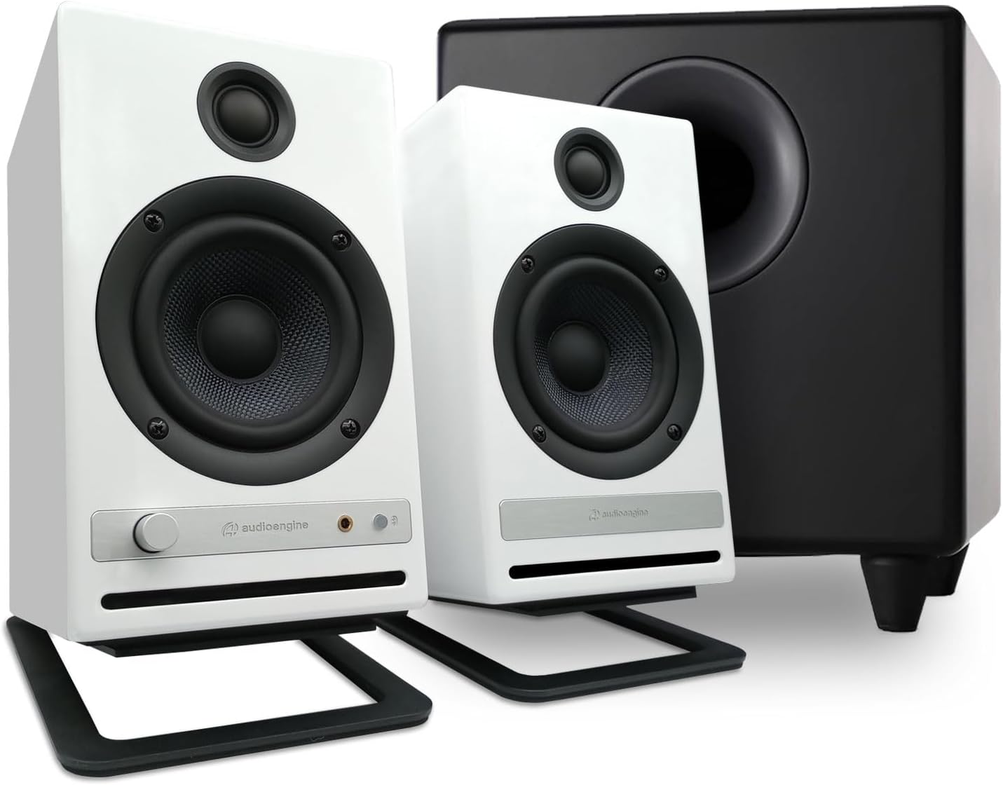 Audioengine HD4 White Wireless Bookshelf Speakers with S8 Black Subwoofer and DS2M Stands