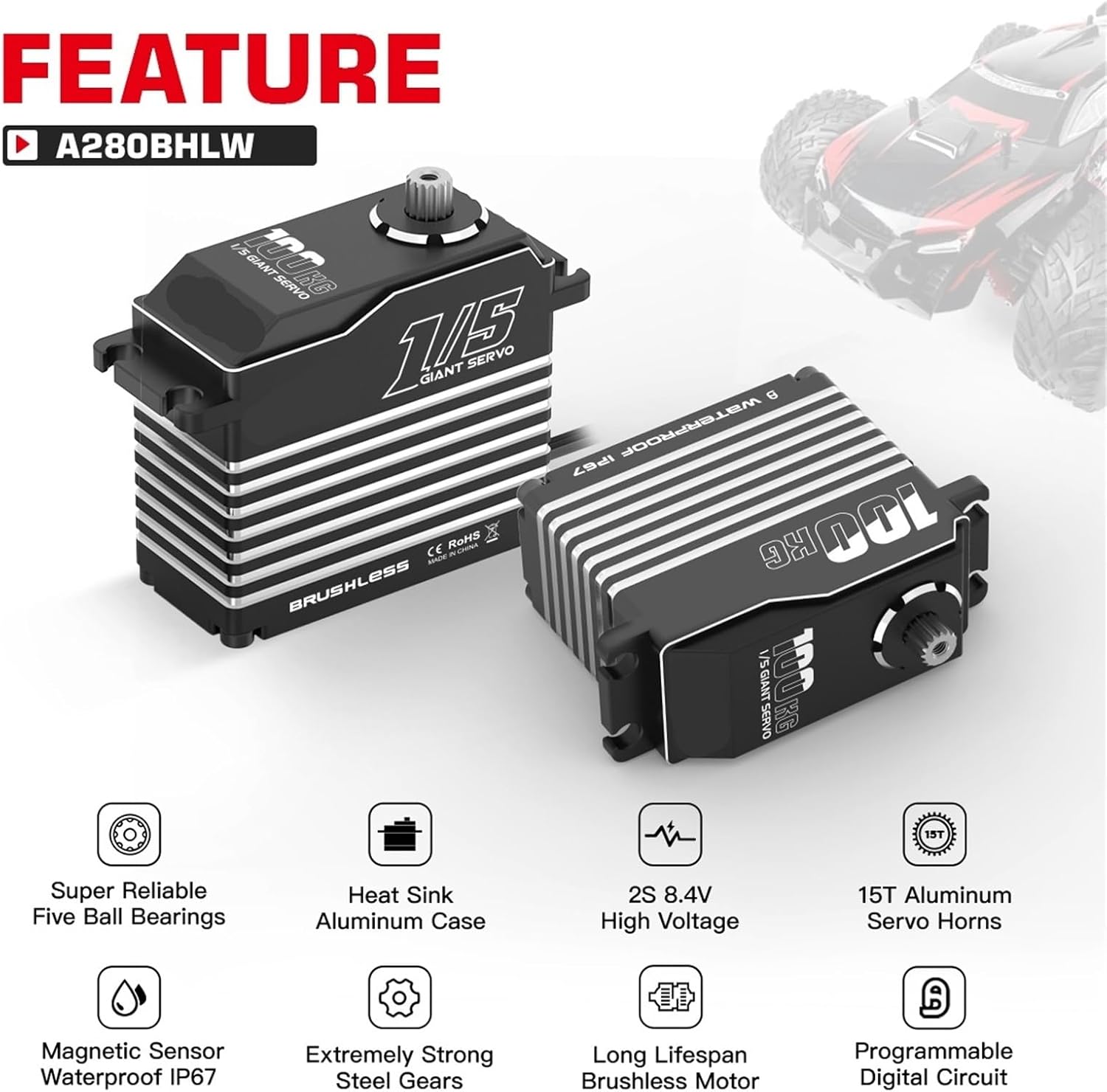 A280BHMW A280BHLW 78KG 100KG HV High Torque Brushless RC Servo Motor 1Pcs(A280BHMW 78kg)