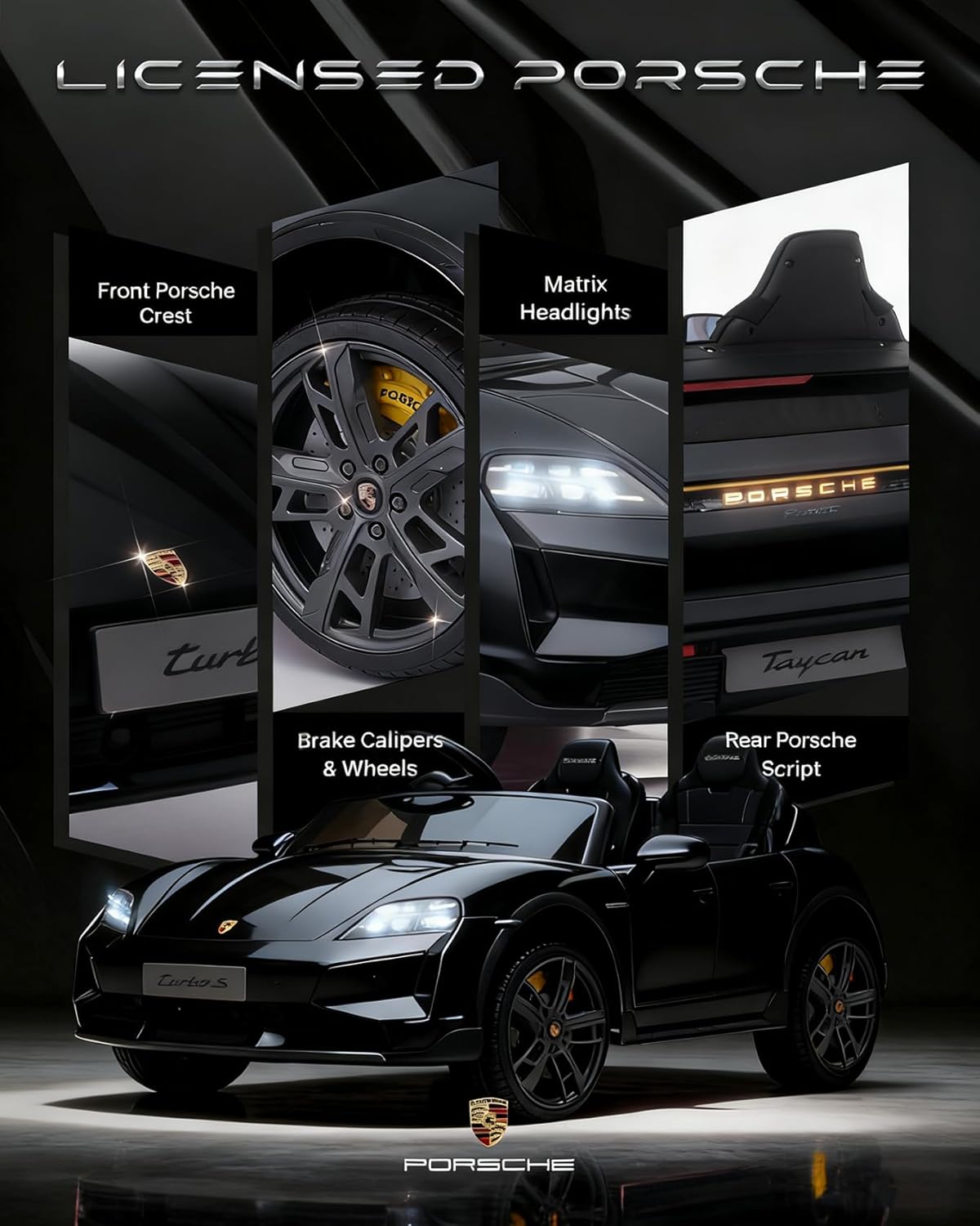 Joywhale 24V Porsche Taycan Licensed Kids Ride On Car, 2-Seater Electric Vehicle with Remote Control, 3 Speed Modes, LED Headlights, Bluetooth Music Player and 4WD, Black