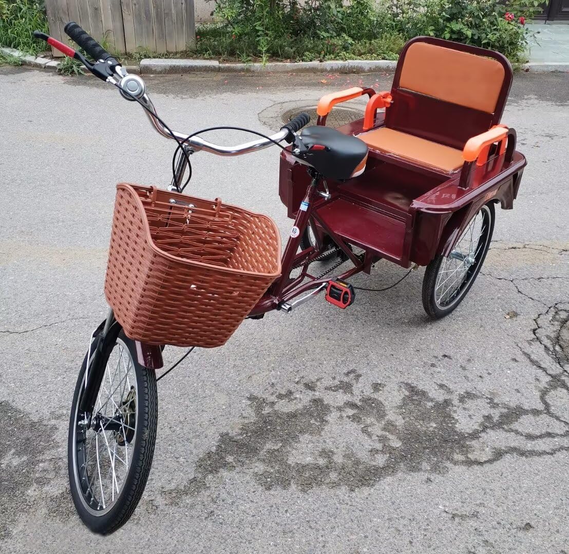 Elderly Rickshaw Pedal Tricycle with Large Cabin,20inch Dual-use Cargo Trike,Tandem Tricycle with Dual seat,3 Wheels Trike Bike with Shock Absorbing Fork (Wine Red 20 in)