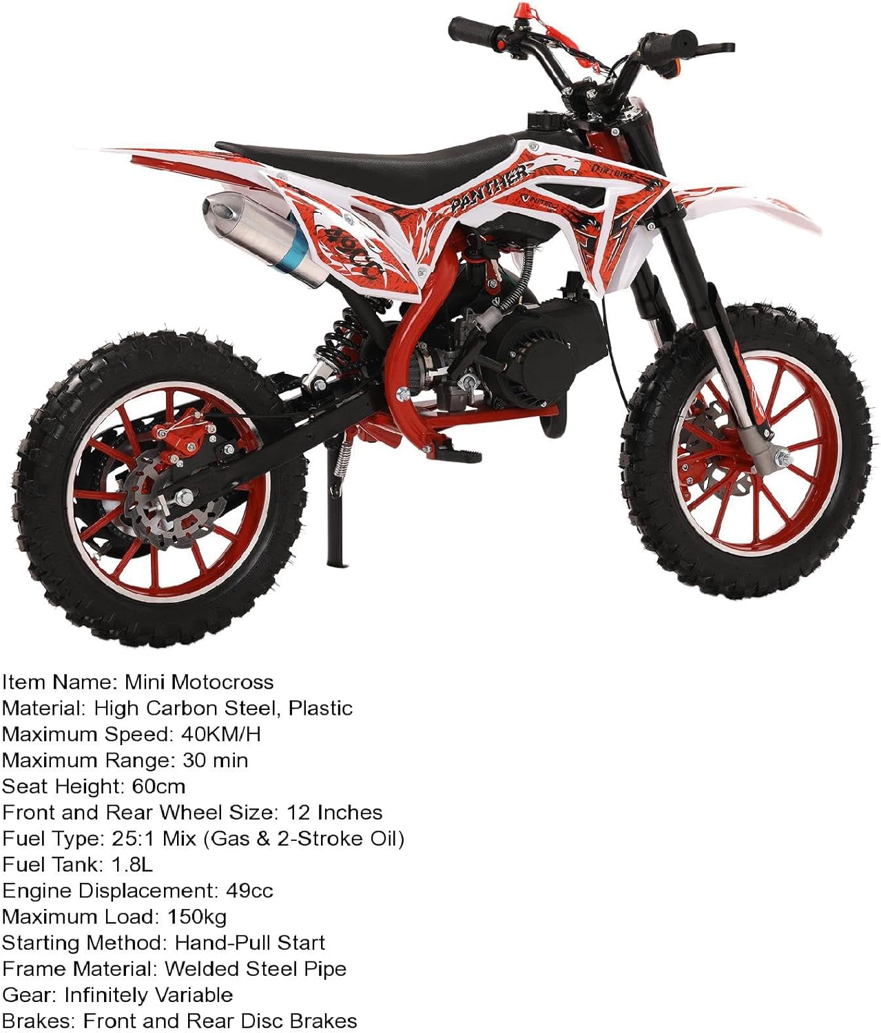 Dirt Bike for Kids & Adults,50cc 2-Stroke Gas Motorcycle,Pocket Rocket Motor-Bike Off Road Gas Power Mini Pocket with Front Rear Disc Brakes,Mini Dirt Scooter Bike Max Speed 40KM/H Red