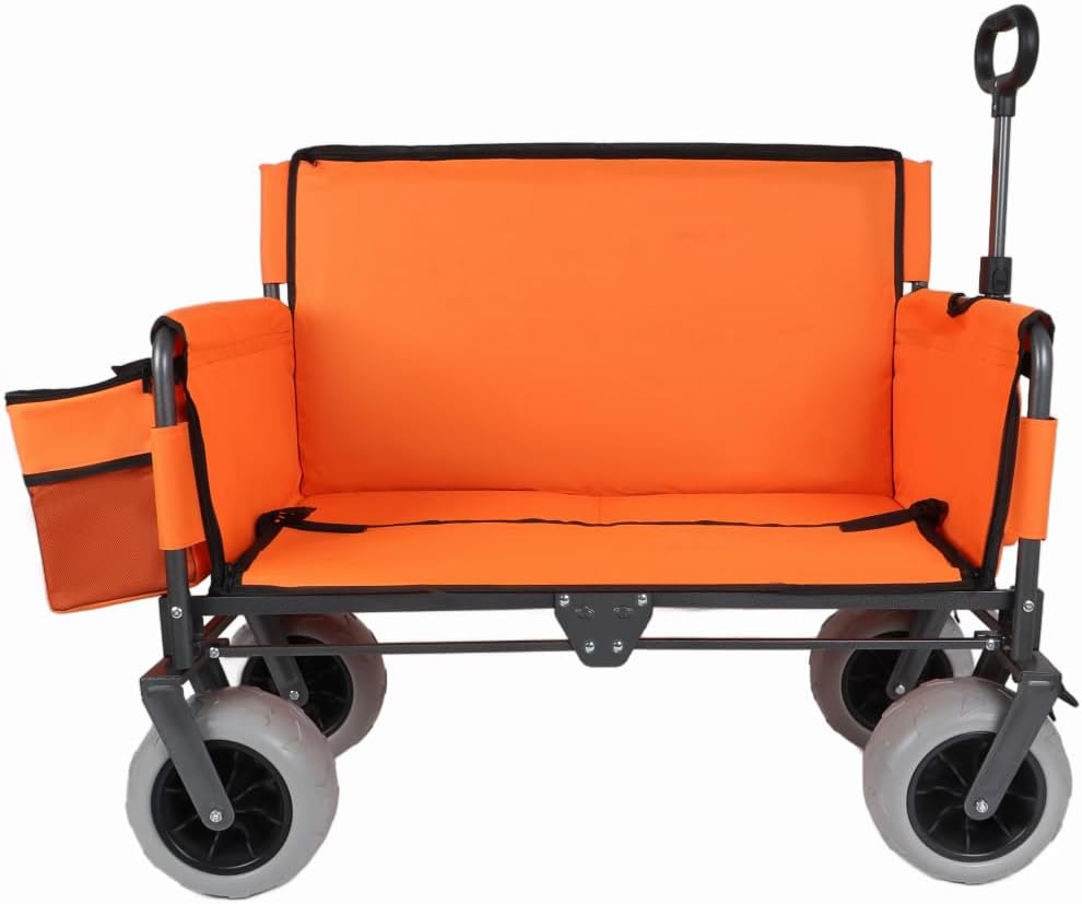 Versatile Folding Wagon with Bench Seat – Heavy-Duty Steel Frame, All-Terrain Wheels, Spacious Cargo Area for Outdoor Adventures (Orange + Steel)