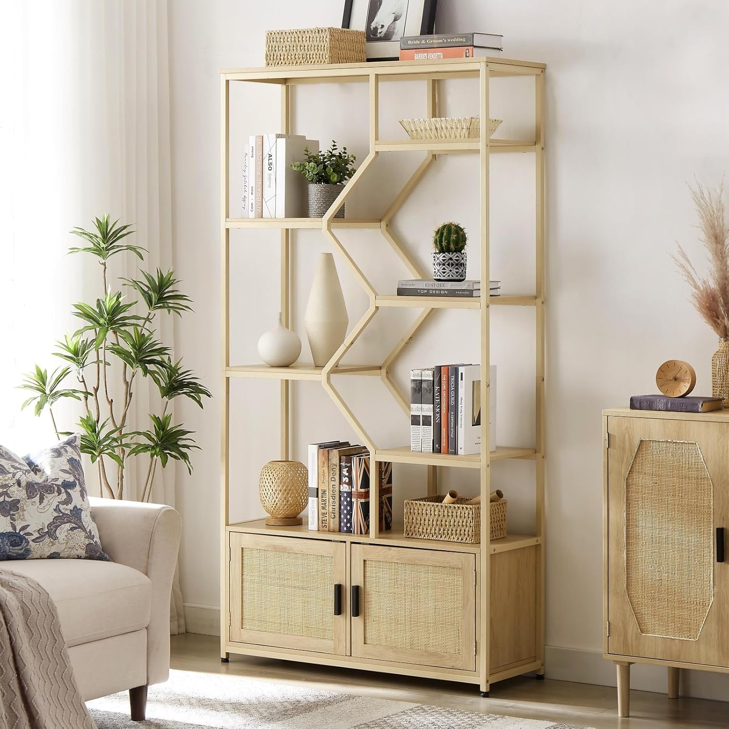 7-Tier Rattan Bookshelf with Cabinet - Bookcase Storage Shelf for Living Room, Home Office - Wood & Rattan Organizer with 7 Open Shelves