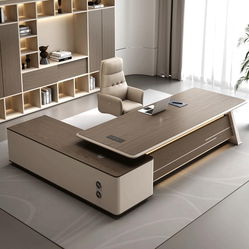 Modern Lacquer Office Executives Desk for Managers Boss CEO Luxury Minimalist Large Business Furniture L Shaped Computer Desks with Storage Cabinet(240cm)