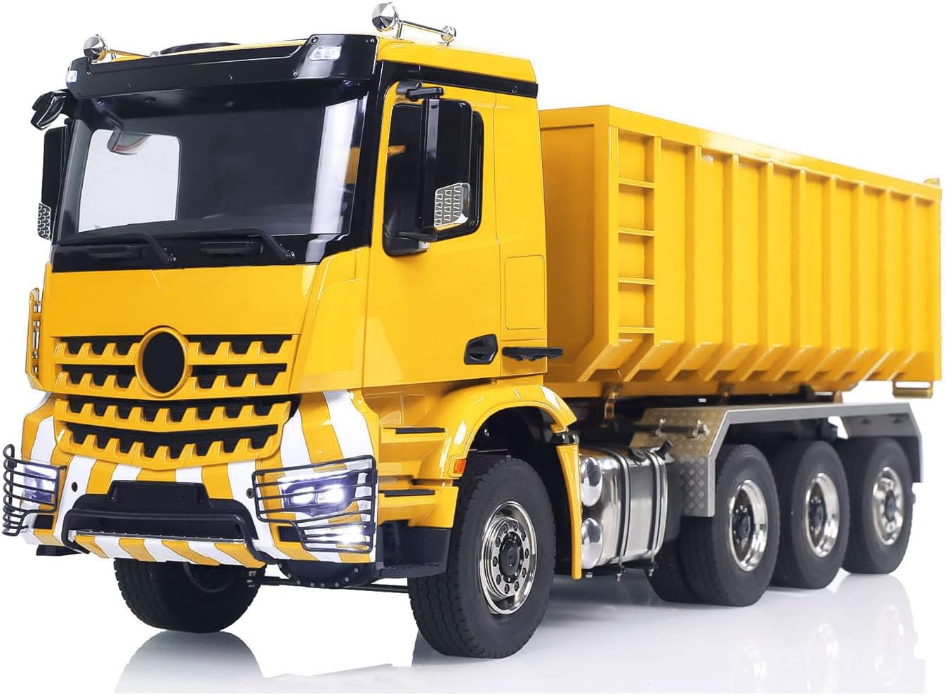 1/14 RC Hydraulic Dumper Truck 8X8 Roll On Off Full Dumper Car Rear Axle Steering Light Sound I6S Radio Controller(Yellow)