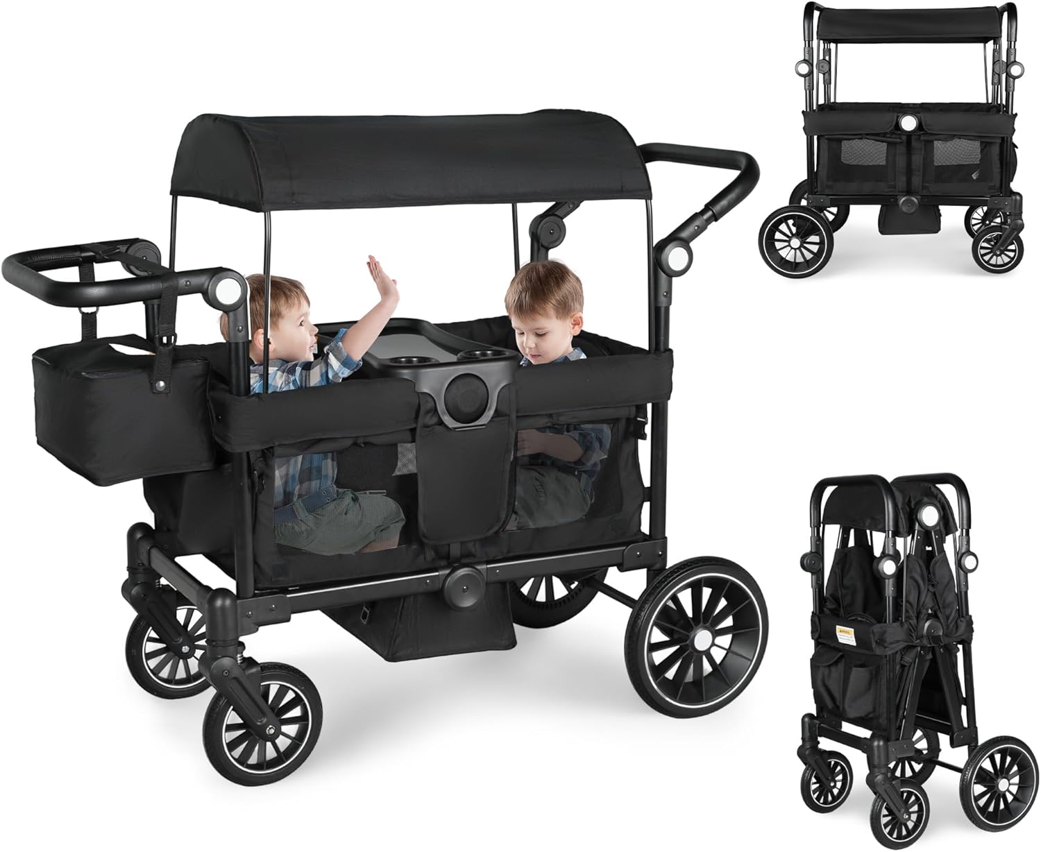 Stroller Wagon for 2 Kids, Foldable Kids Wagon w/Adjustable Push Pull Handle, Shock-Absorbing Wheels, Removable Canopy, Extra Diaper Bag & Harness, Detachable Tray, Black