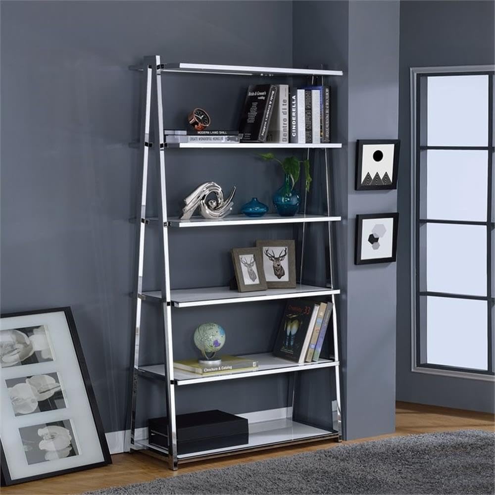 BOWERY HILL Leaning Bookcase in White High Gloss and Chrome