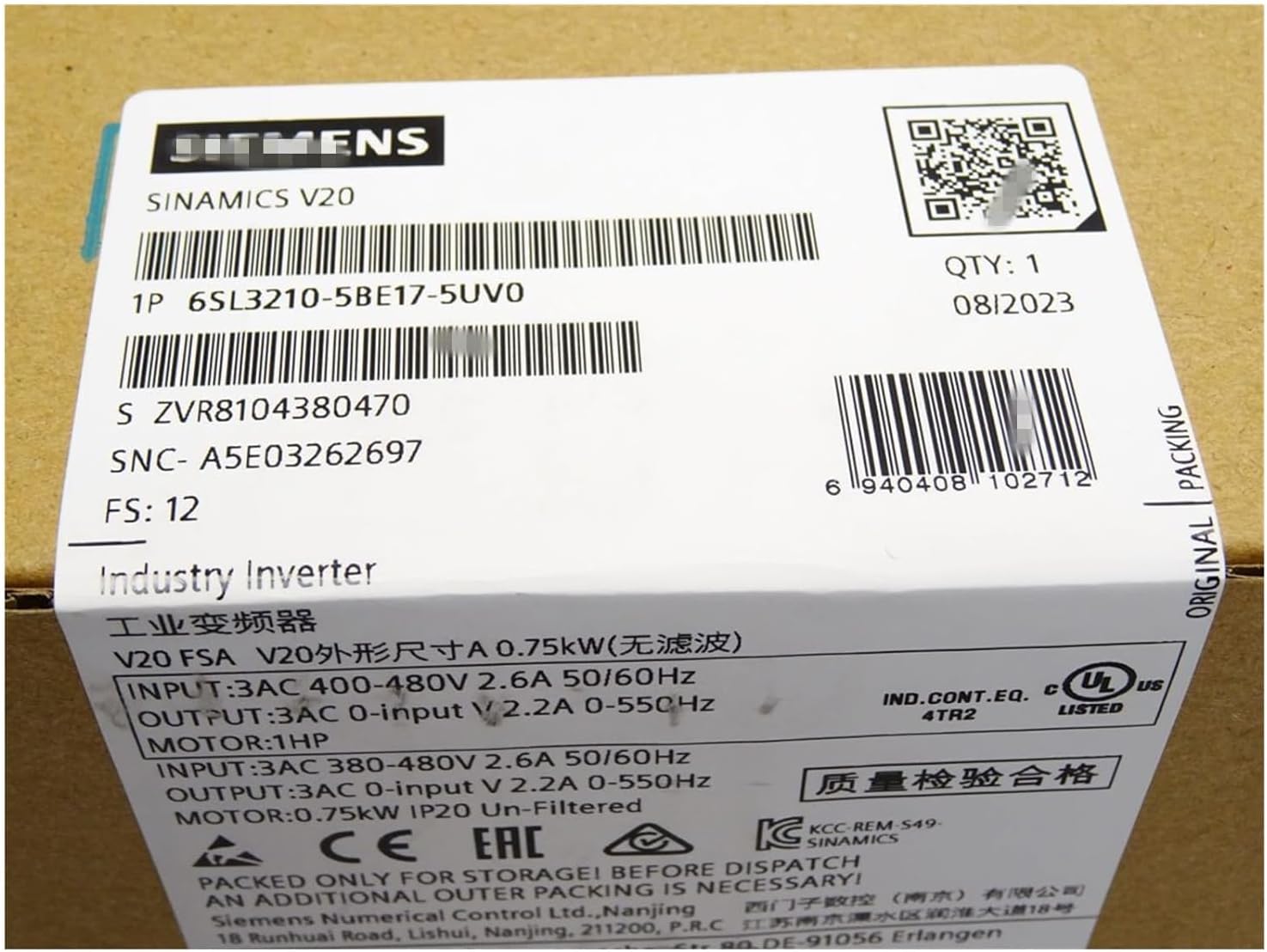 6SL3210-5BE17-5UV0 Servo Drive 0.75Kw 6SL32105BE175UV0 V20Series VFD Sealed in Box 1 Year Warranty