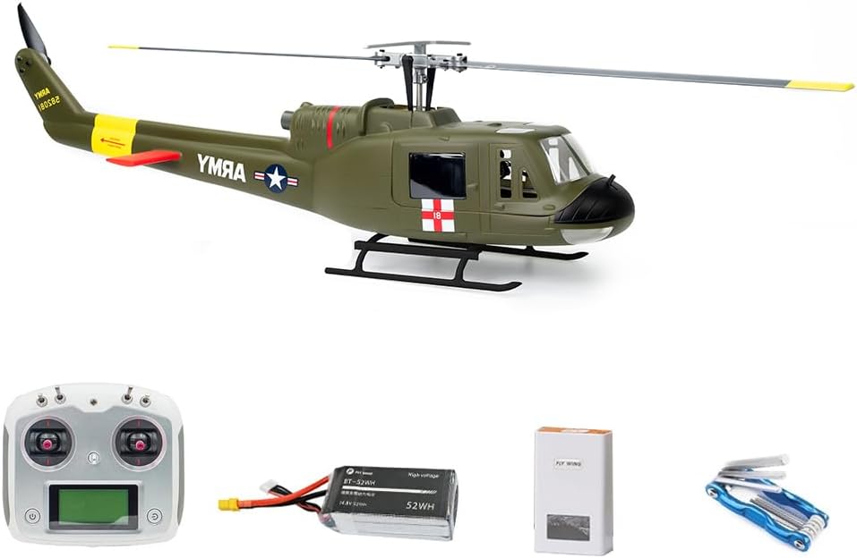 FLYWING UH1 V4 RC Scale Helicopter Two Blade with H1 GPS Metal Rotor 450 6ch RC Helicopters Iroquois 450L UH1 V4 Huey Helicopters RTF-Helicopter (Green)